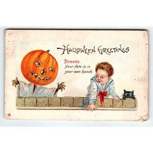 Vintage Stecher 1915 Halloween Lithograph Postcard Pumpkin Head Boy & Cat